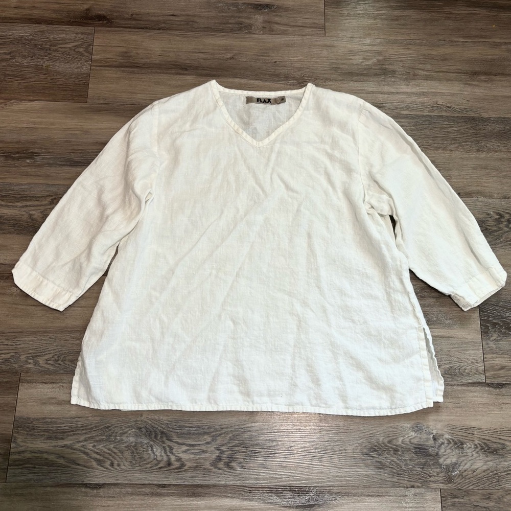 FLAX off white 100% linen v neck oversized 3/4 length sleeve top size Medium